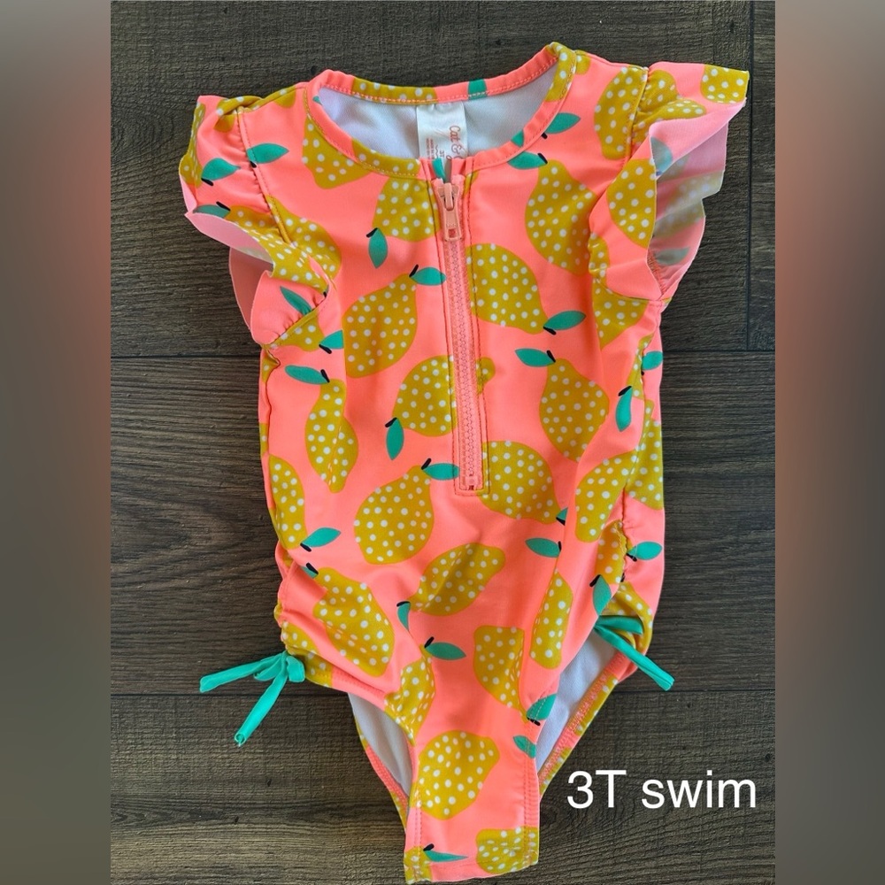 Cat & Jack Pink and Yellow Lemon Print Zip Swimsuit